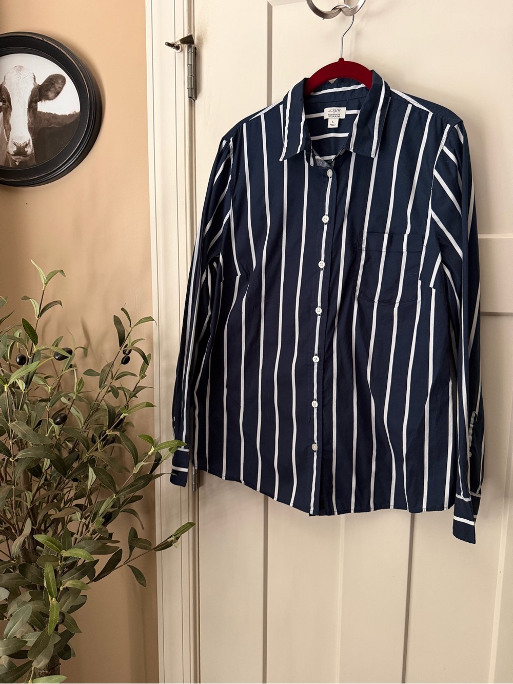 J. Crew Classic Navy White Striped Button-Up Shirt Size Large